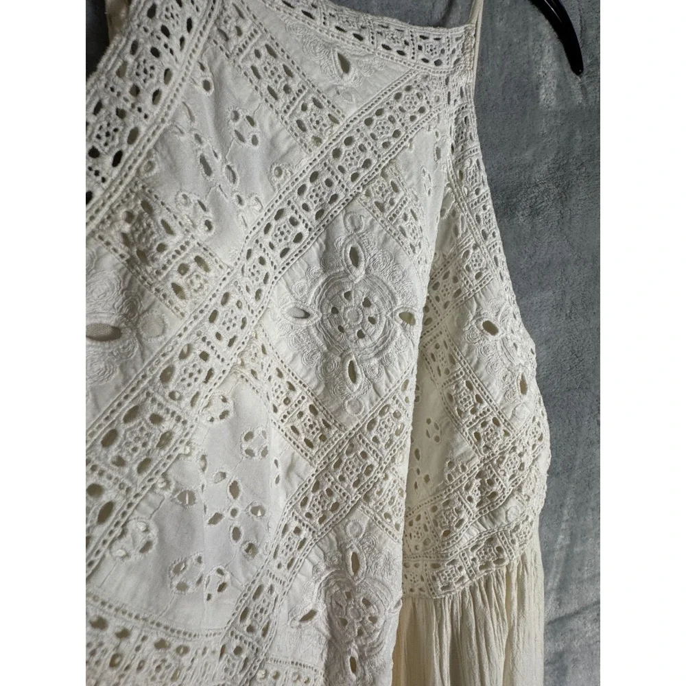 American Eagle Cream Eyelet Lace Boho Tiered Mini Dress XS Ivory Halter Festival